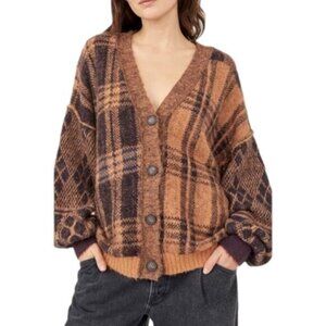 NEW Free People Sepia Plaid Birchwood Combo Jacquard Oversize Cardigan Size XS